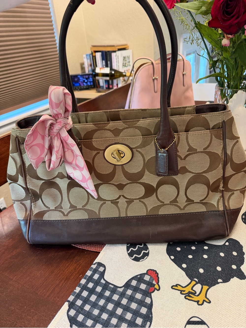 Coach Tan and Brown Signature Canvas Shoulder Tote with Pink Scarf